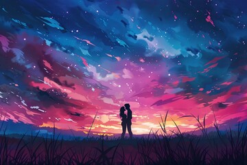 Fototapeta premium Silhouette of a young couple embracing under a breathtaking, vibrant sunset sky filled with stars. A dreamy, romantic scene.