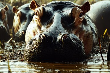 Fototapeta premium A close-up shot of a hippopotamus in its natural habitat, showcasing its features and textures