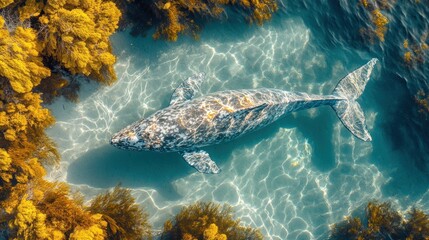 Whale swimming in shallow ocean, kelp forest background, aerial view.