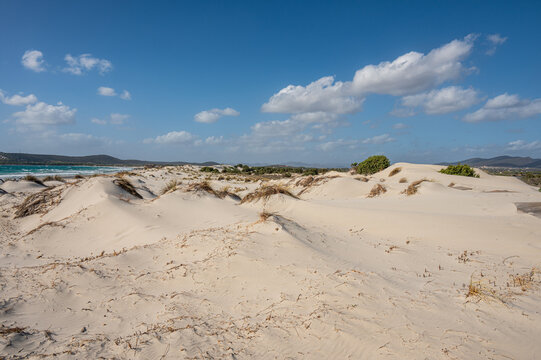 The beautiful beach of Is Solinas in Sardinia with its high white dunes on a windy day