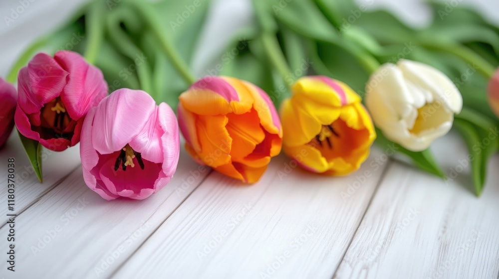 Poster a bouquet of tulips sits on a plain white table, ready for display or arrangement
