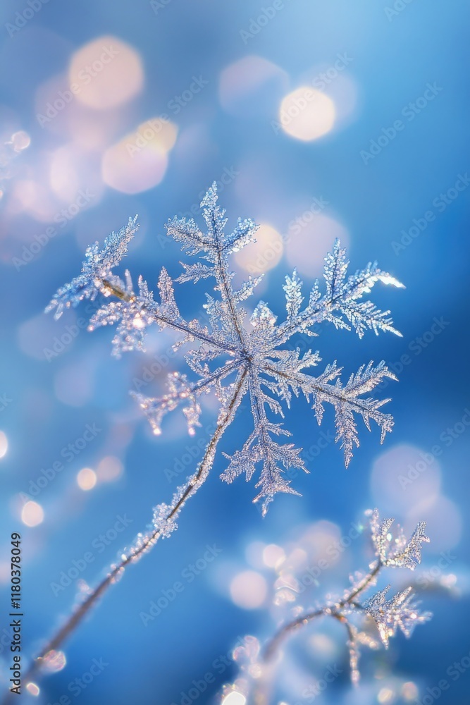 Poster A detailed look at a unique snowflake clinging to a bare tree branch