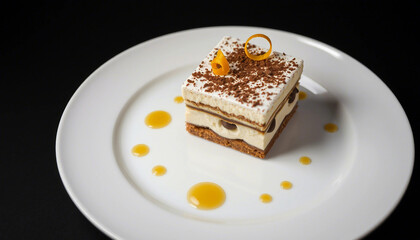 Mouthwatering layered tiramisu dessert, garnished with orange zest and syrup, beautifully presented on a white plate with a dark background, ideal for food photography and culinary design usage.

