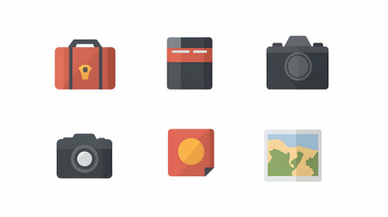 Flat icons travel photography equipment, map, suitcase, camera, background white.