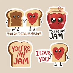 You're my jam stickers or illustrations. Cute cartoons of toast and jam pot.	