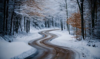 Scenic Forest Road in Winter, Surrounded by Snowy Trees and a Quiet, Frozen Landscape