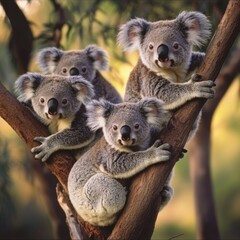 Fototapeta premium A group of koalas resting in a tree, surrounded by leaves and branches
