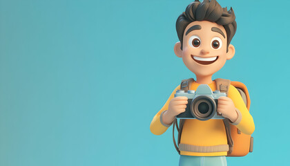 3D cartoon man with a backpack takes a photo with a camera