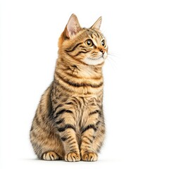 A cute, curious tabby Ocicat cat sitting gracefully, showcasing its distinctive stripes and alert expression.