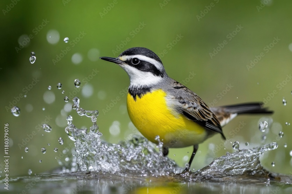 Poster a bird splashes water on a rock, creating ripples