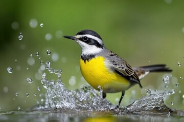 A bird splashes water on a rock, creating ripples
