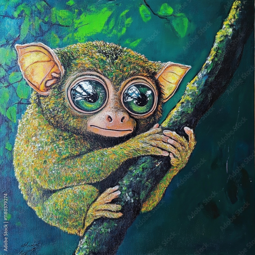 Poster a close-up view of a painted monkey perched on a tree branch, great for artistic or nature-themed co