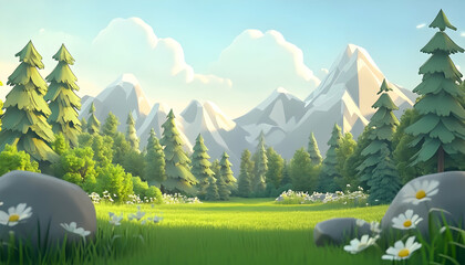 3D rendering of cartoon forest landscape with mountains