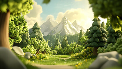 3D rendering of cartoon forest landscape with mountains
