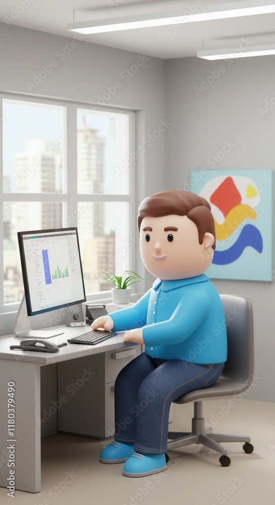 Poster cartoon character working on computer in modern office with urban view