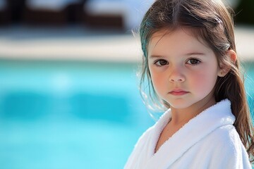 A young child stands beside a swimming pool, wearing a white robe