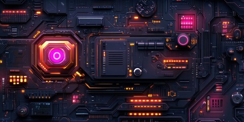 Fototapeta premium Futuristic Circuit Board with Neon Illuminations Showcasing a Complex Network of Microchips and Electronic Components in a Cybernetic Environment