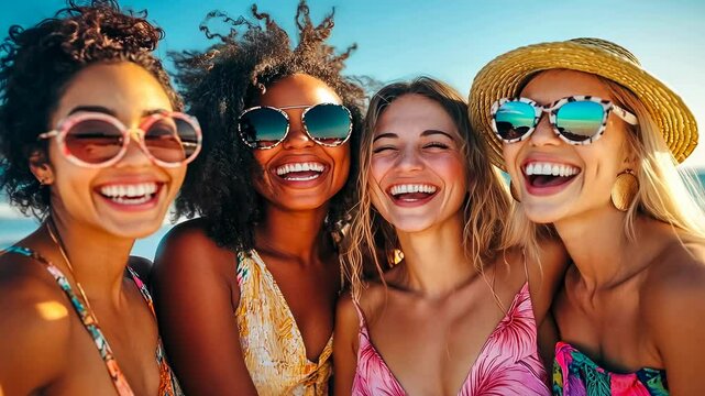 Four vibrant young women enjoying a sunny beach day. They represent diverse ethnicities, sharing laughter and friendship. Dressed in summer attire, showcasing joy and companionship. Reflects themes