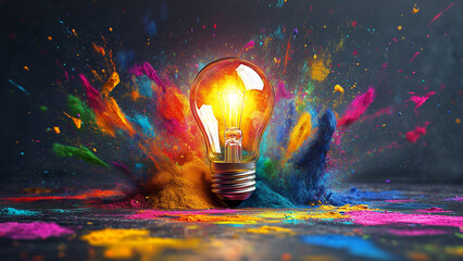 a glowing lightbulb with  burst of exploding color powder paint splash powder arround it. creative ideas  business brainstorming creativity concept background.