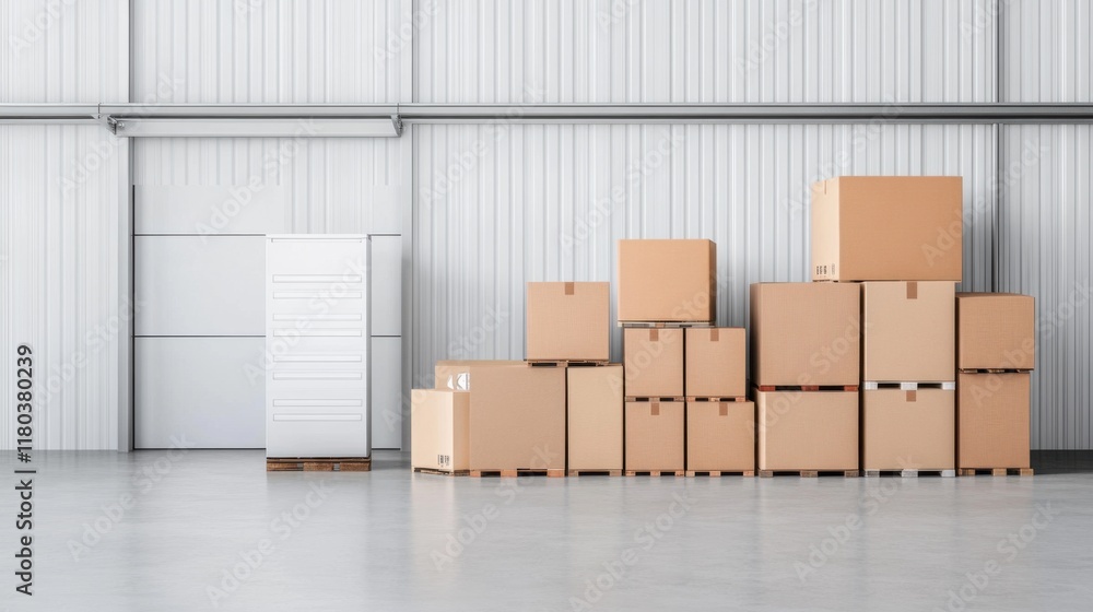 Poster neatly stacked cardboard boxes in a clean warehouse environment with open space and minimalist desig