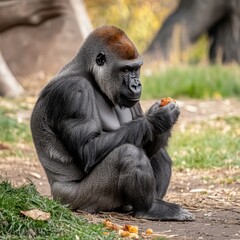 A western lowland gorilla sitting on the ground, enjoying a snack