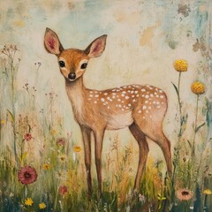 A deer grazing in a meadow filled with colorful flowers