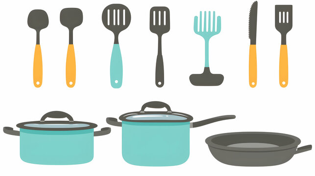 Colorful kitchen utensils and cookware set illustration.