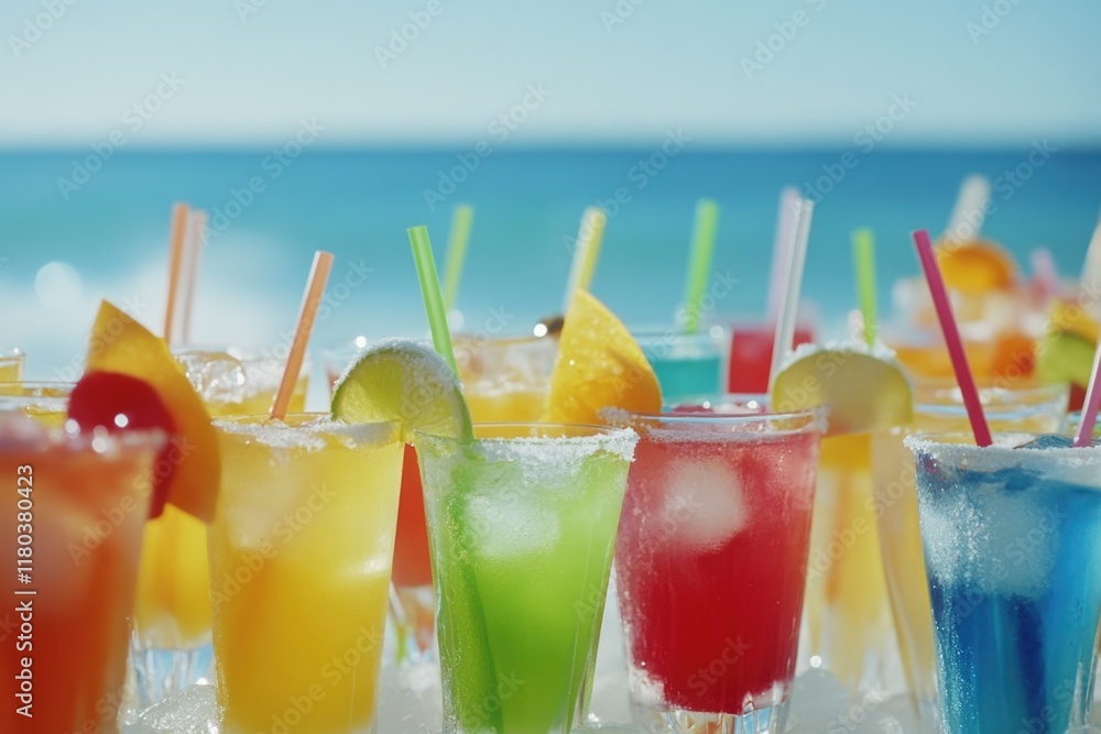 Poster a row of glasses filled with different colored drinks