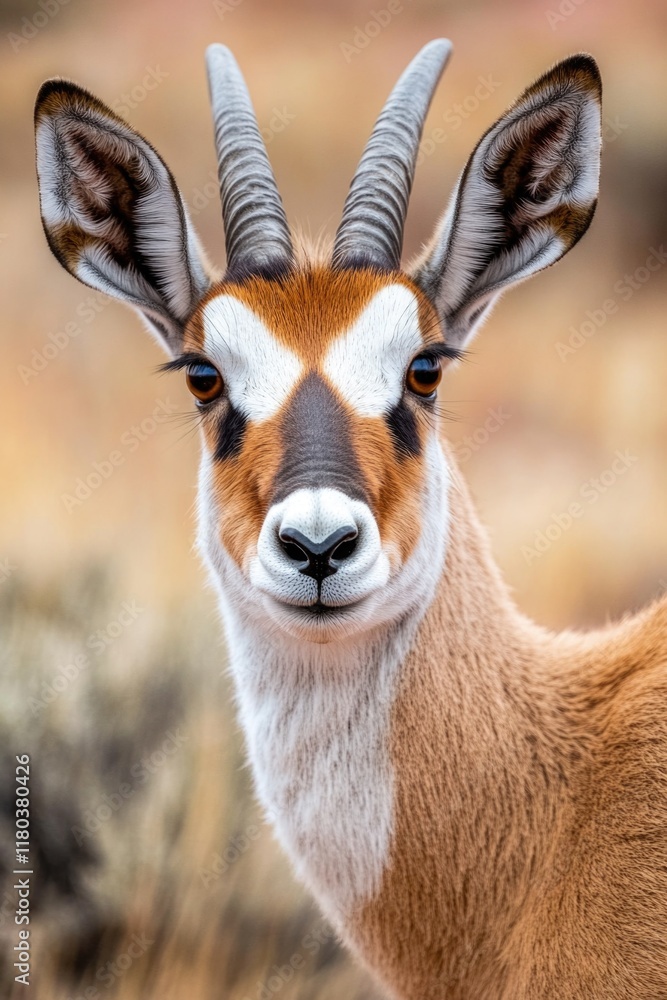 Poster a close-up view of an antelope's distinctive horns, suitable for use in wildlife or nature-themed pr