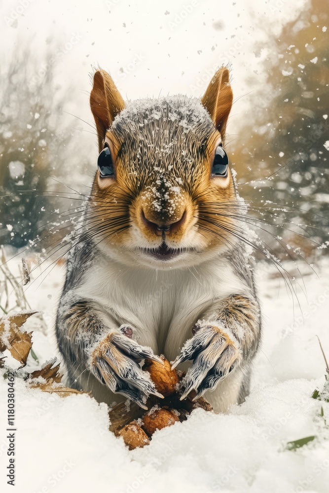 Poster A close-up view of a squirrel's face and paws in a snowy environment