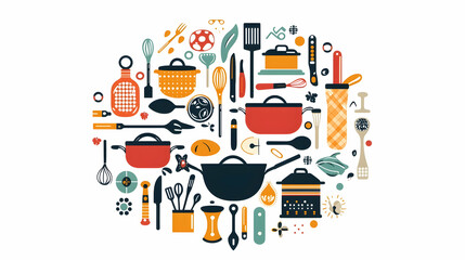 Colorful kitchen utensils and cookware in a circular design.