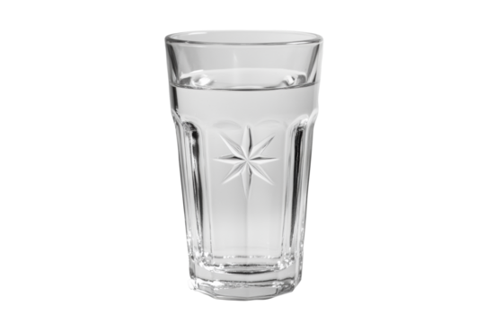 Vintage embossed patterned glass crystal tumbler. Glass tumbler on transparent background for copy paste. Generated with AI.
