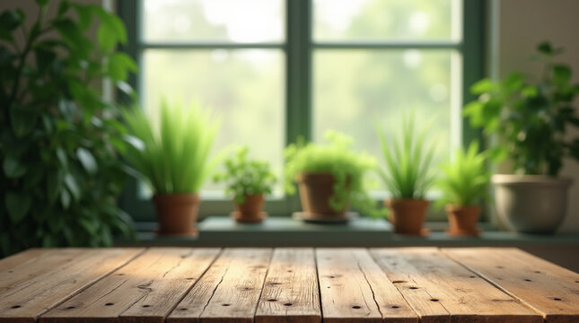 Nature indoor background with wooden table in the foreground and a window showing various plants in the background