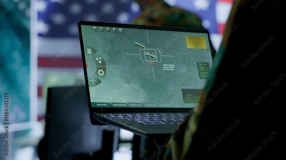 Poster intelligence officers in american military uniforms work on computers in a command post, managing su