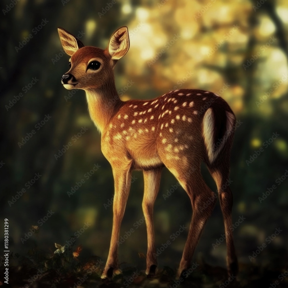 Poster a small deer standing alone in the middle of a forest