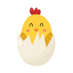 Cute little chick in eggshell. Happy baby chicken hatching from the egg. Farm character isolated on white background. Vector illustration