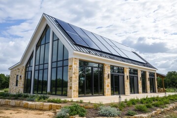 Obraz premium A contemporary sustainable home featuring solar panels is nestled in a peaceful rural setting, surrounded by lush nature under a cloudy sky