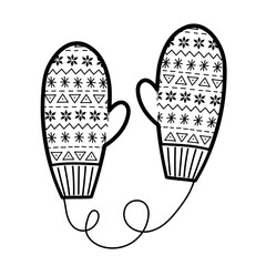 A pair of winter mittens in black and white. Hand drawn mittens coloring page. Vector illustration