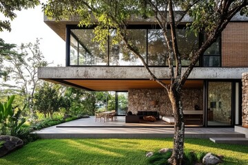 Experience a chic, contemporary residence that seamlessly integrates nature and architecture, set in a peaceful outdoor environment embraced by lush greenery