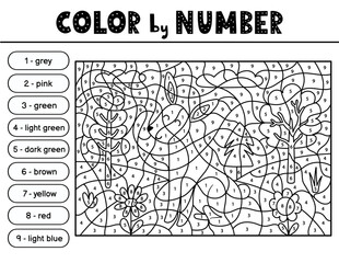 Color by number black and white activity page for kids with a cute rabbit. Farm animal puzzle in outline game for school and preschool. Vector illustration