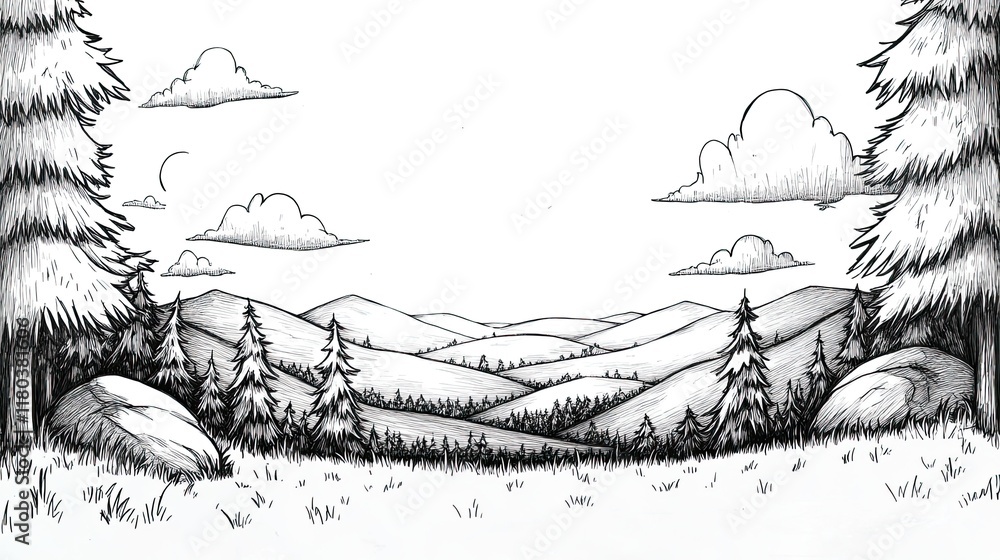 Poster a black and white drawing of a rolling mountainous landscape with two tall trees in the foreground a