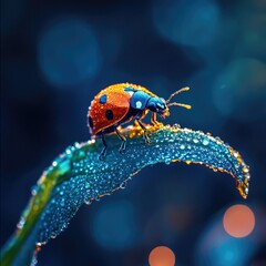 Naklejka premium A ladybug sits on a leaf with tiny water droplets, offering a moment of serenity