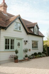 Obraz premium Discover a delightful two-story cottage surrounded by lush greenery, nestled in a serene garden oasis that comes to life during the daylight hours