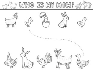 Who is my mom matching game for kids with cute farm animals in black and white. Farm activity page for school and preschool in outline. Vector illustration
