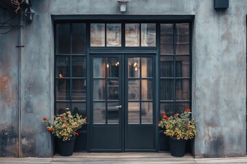 Obraz premium Charming entrance of a vintage building with large glass doors and potted plants on a quiet street in the early evening light, inviting passersby to explore its interior atmosphere