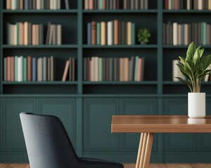 A modern workspace with a stylish chair, wooden table, and a vibrant bookshelf, creating an inviting atmosphere for productivity.