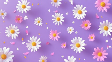 Obraz premium Purple background, floating daisies, petals, spring design, website banner