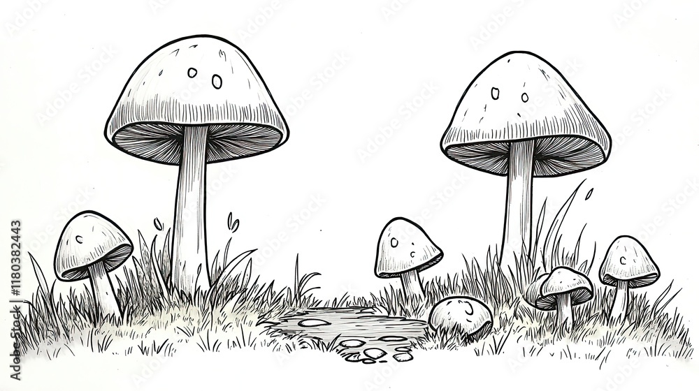 Poster a hand-drawn illustration of five mushrooms in a forest setting. the two largest mushrooms are in th
