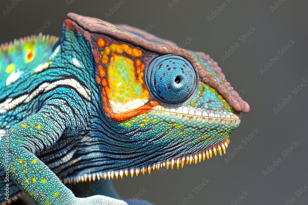 Poster a close-up view of a chameleon sitting on a branch, its skin blending with the surroundings