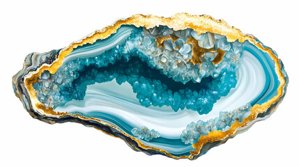 Turquoise and gold geode inspired oyster shell on white background, ideal for decorative, jewelry or coastal themed designs. Crystalpath. Illustration